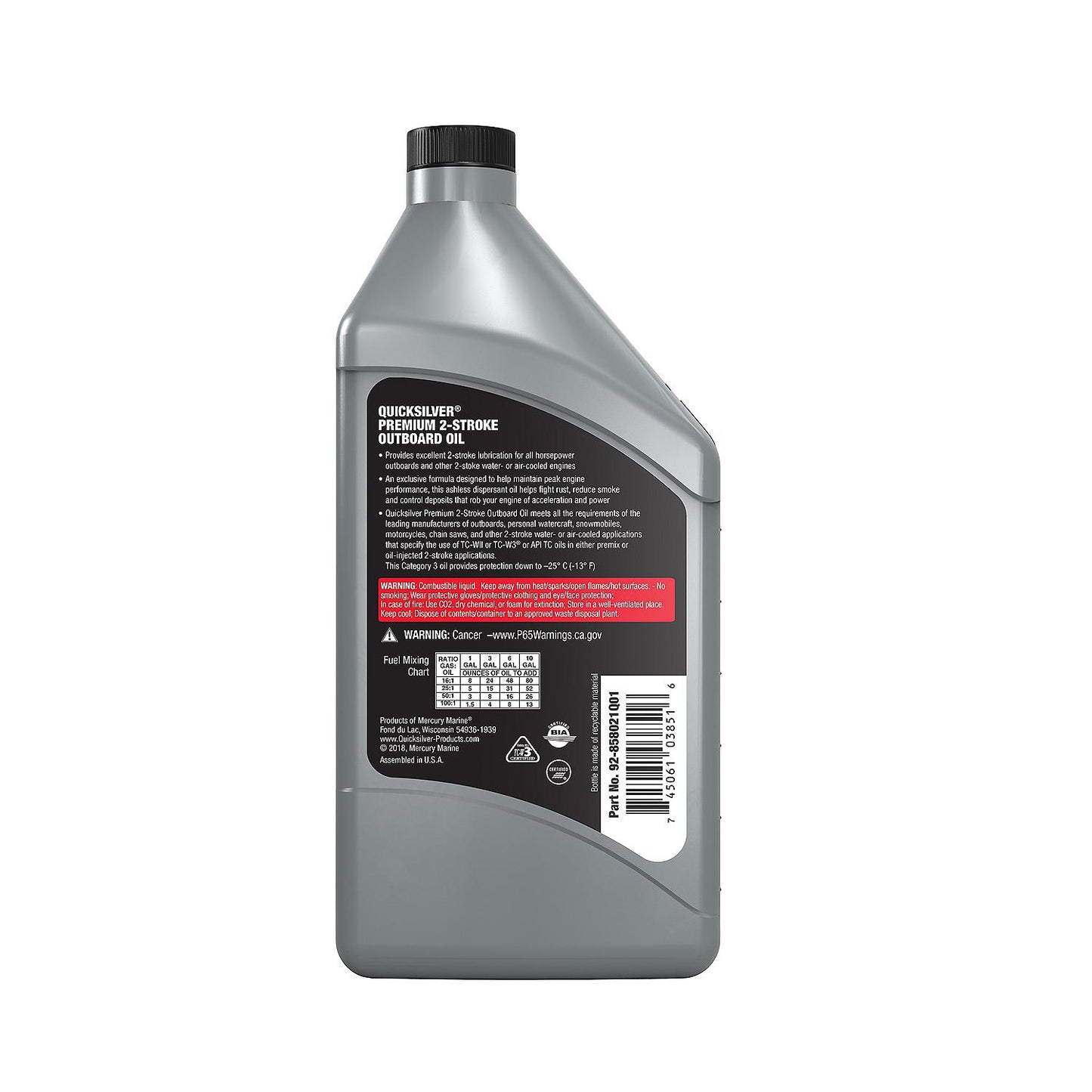 Quicksilver Premium Two-Cycle TC-W3 Oil - Outboards, PWC, Snowmobiles, Motorcycles and Chainsaws - 1 Qt.