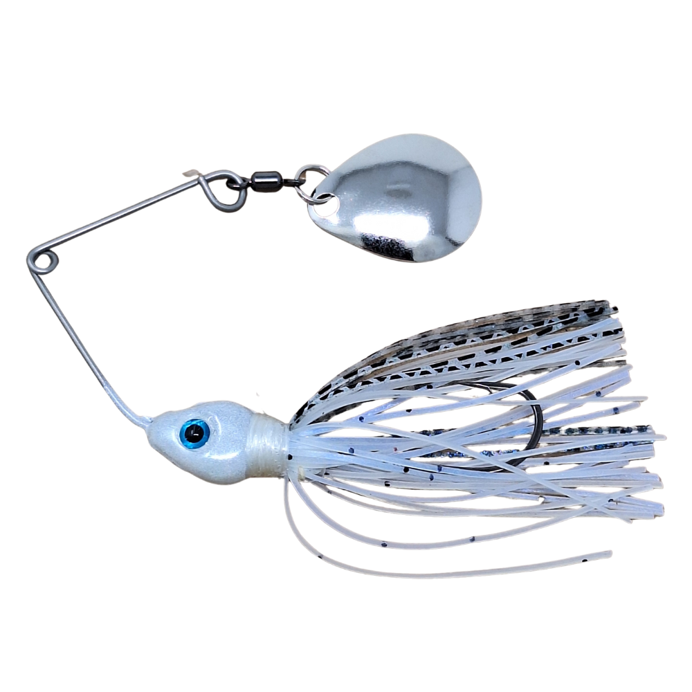 Fishing lure with a silver blade and white skirt on a white background