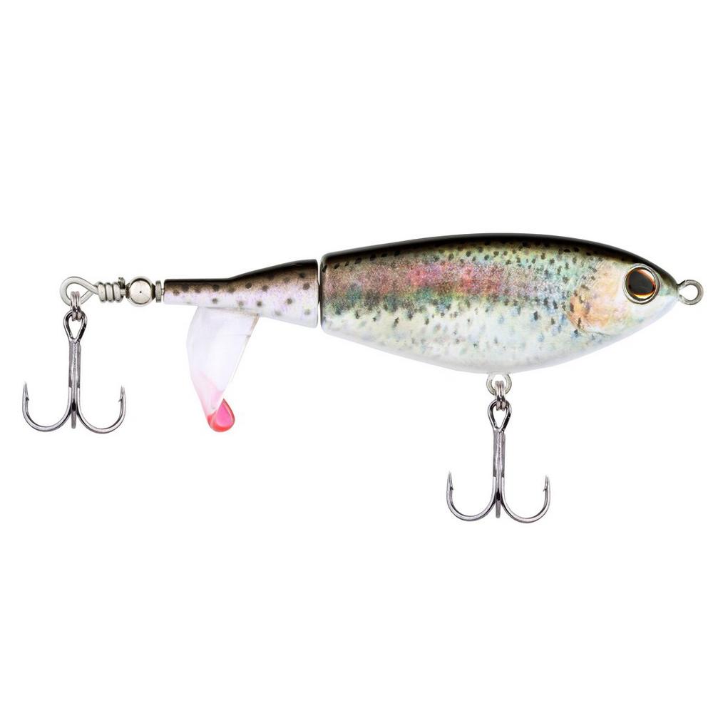 Fishing lure with a multicolored body and treble hooks on a white background