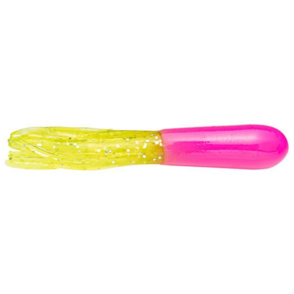 A single pink and yellow artificial soft plastic bait designed for fishing, with a translucent yellow body and a pink cap.