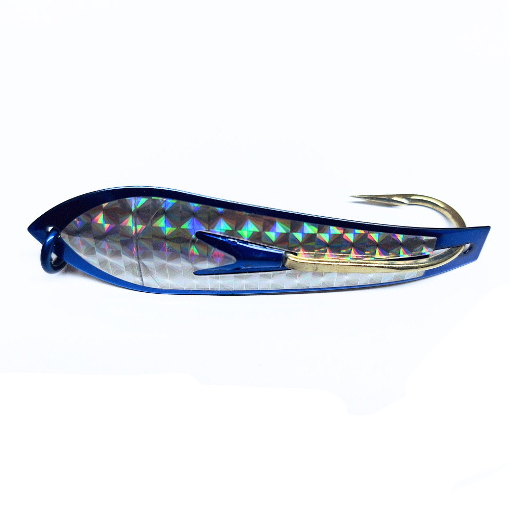 A fishing lure with a blue and silver powder coated flash scale design.