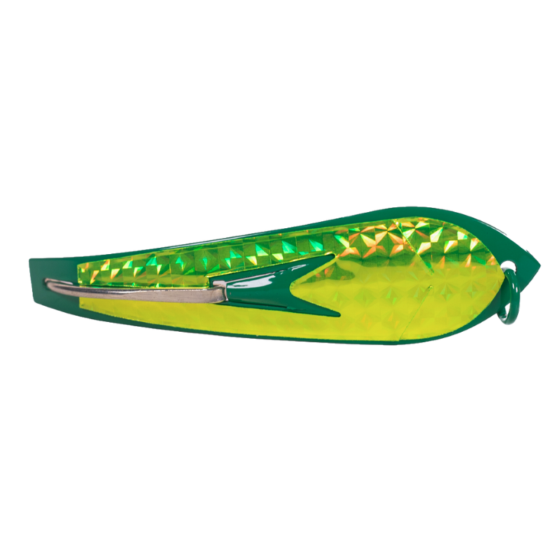 A fishing lure with green powder coated flash scale design.