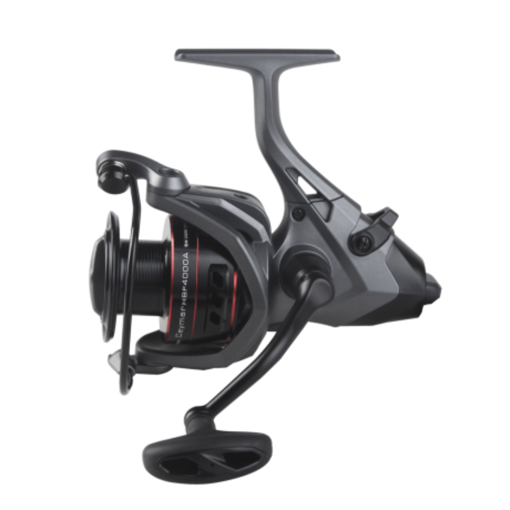 Okuma Ceymar Baitfeeder 'A' Spinning Reel with a black color scheme, featuring a front drag system, a Flite Drive pinion gear design, and T-shaped TPE handle knobs.