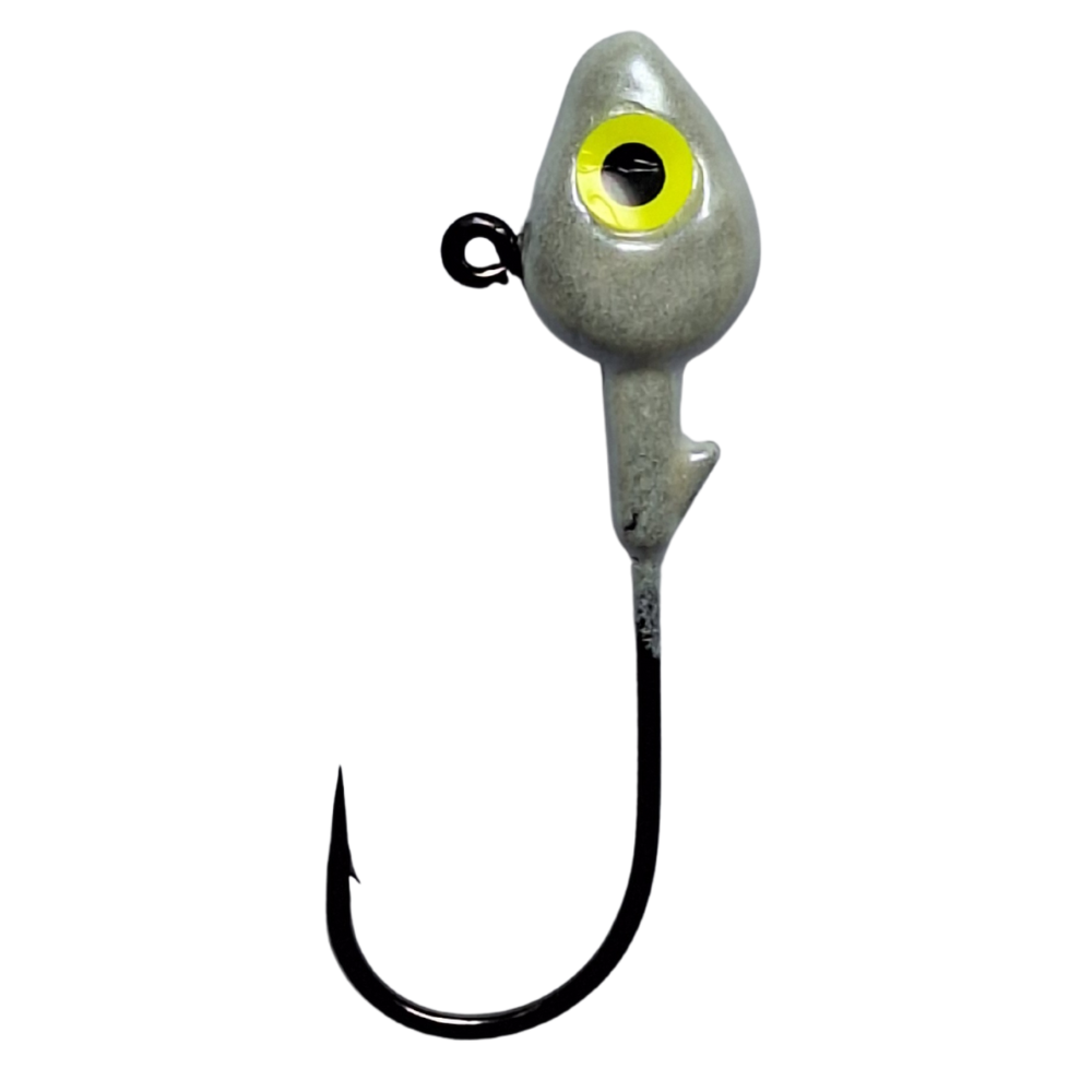 Jig head with a pearl body, black hook, and yellow eye on a white background