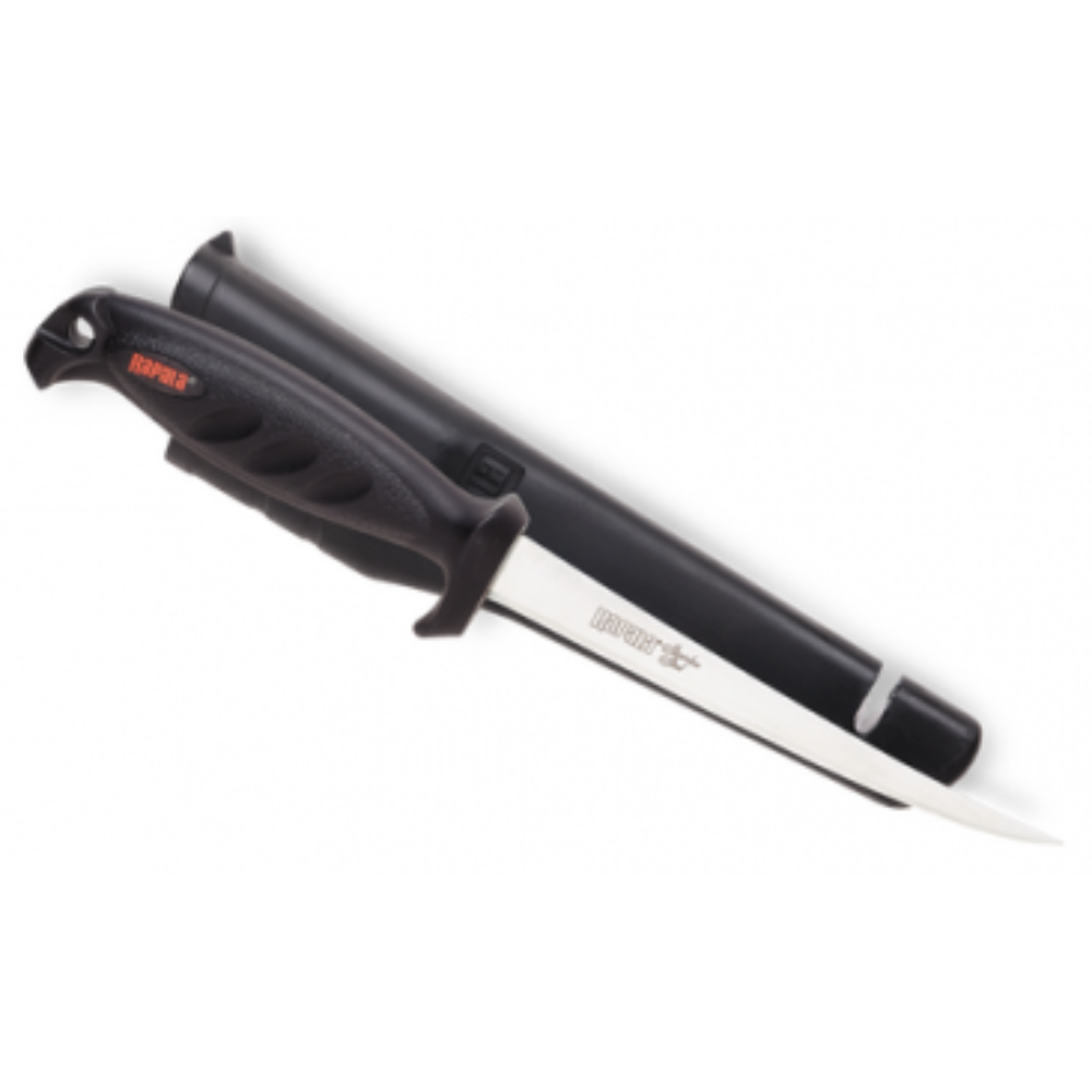 A Rapala Deluxe Falcon Fillet Knife with a stainless steel blade and black handle sheathed.