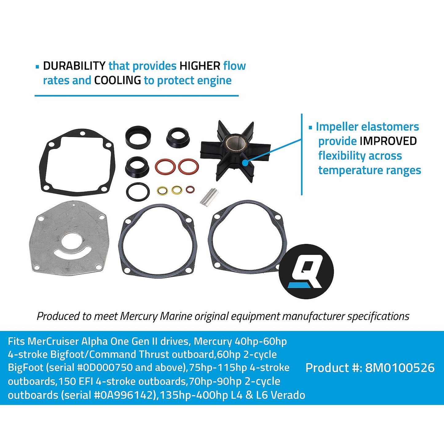 Quicksilver 8M0100526 Water Pump Repair Kit for Mercury or Mariner Outboards and MerCruiser Stern Drives