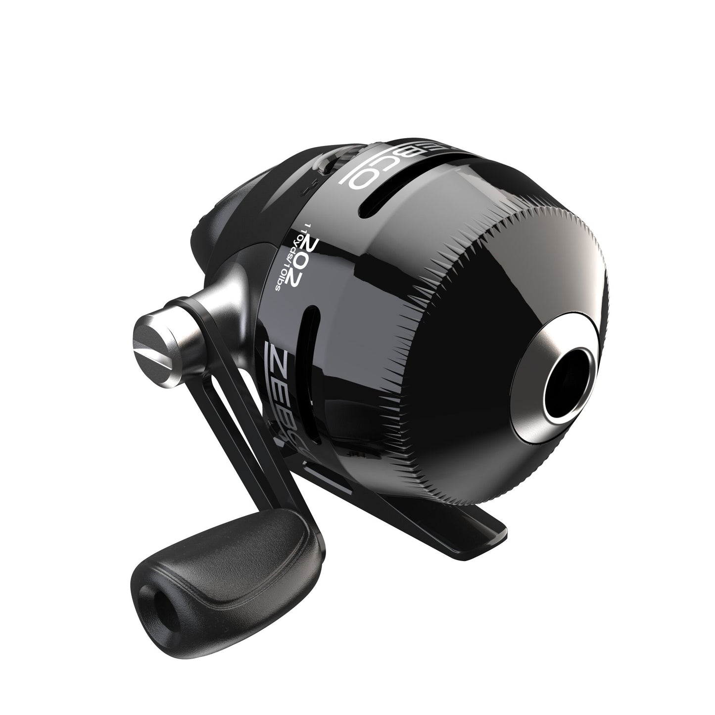 Black fishing reel with silver accents on a white background