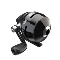 Black fishing reel with silver accents on a white background