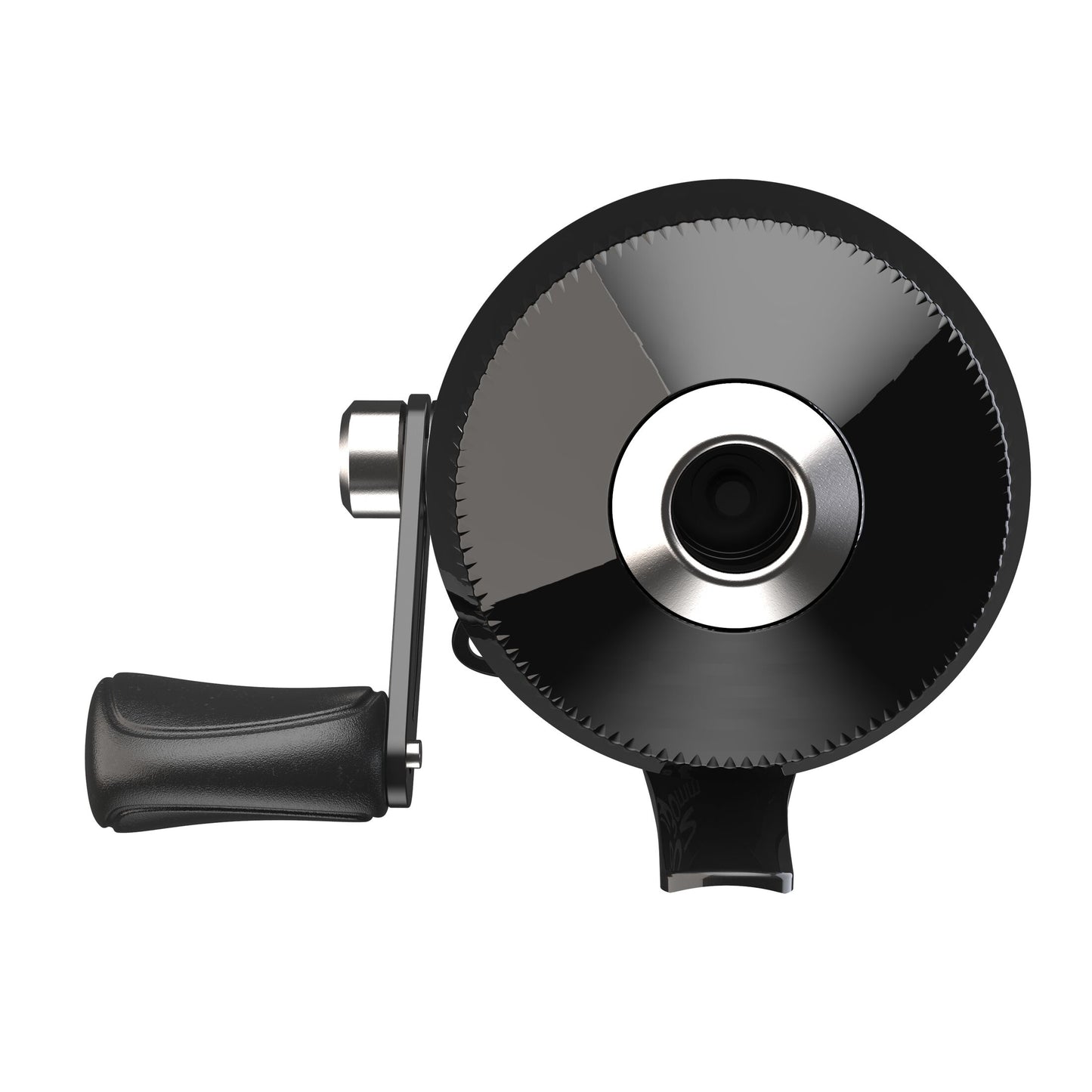 Black and silver fishing reel on a white background