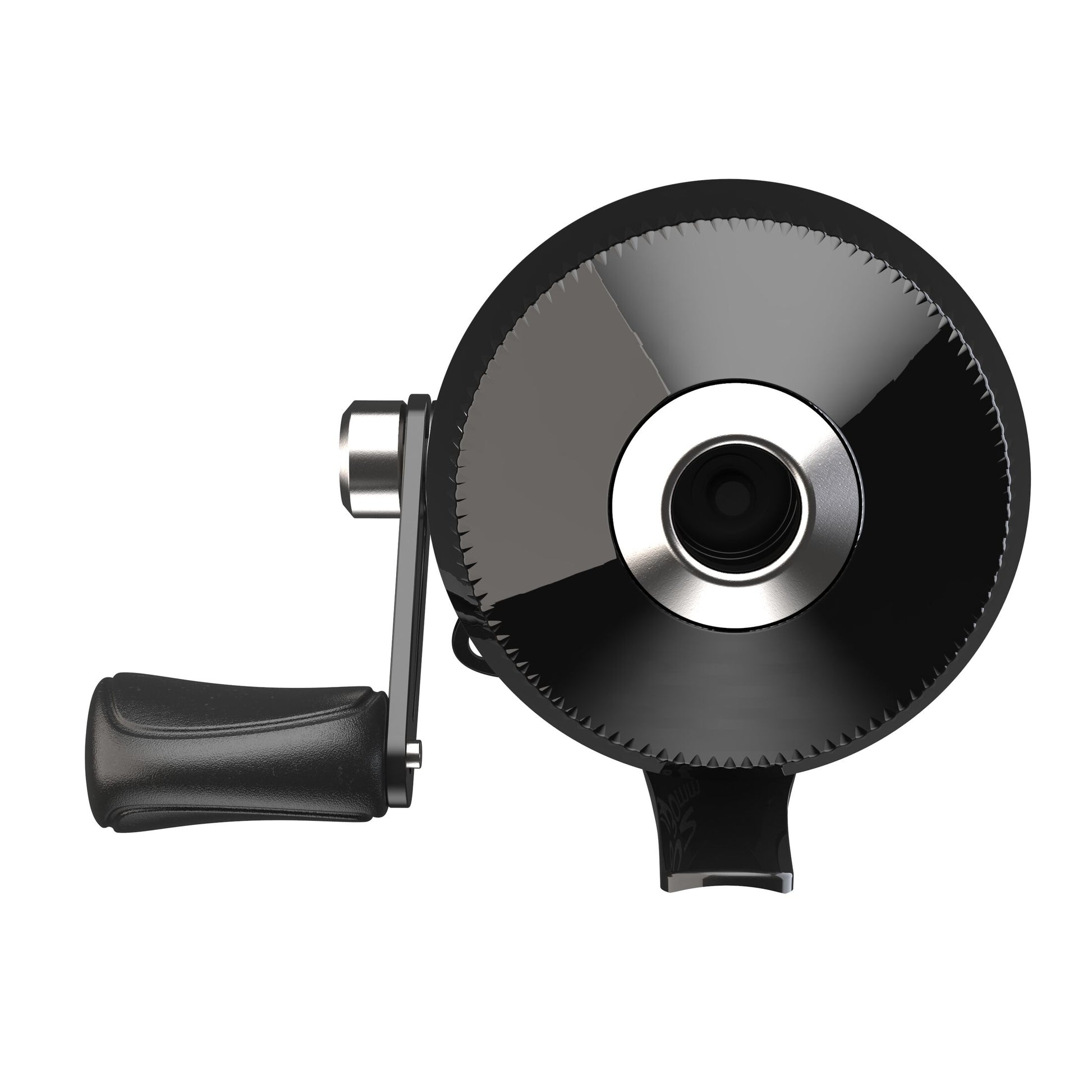 Black and silver fishing reel on a white background