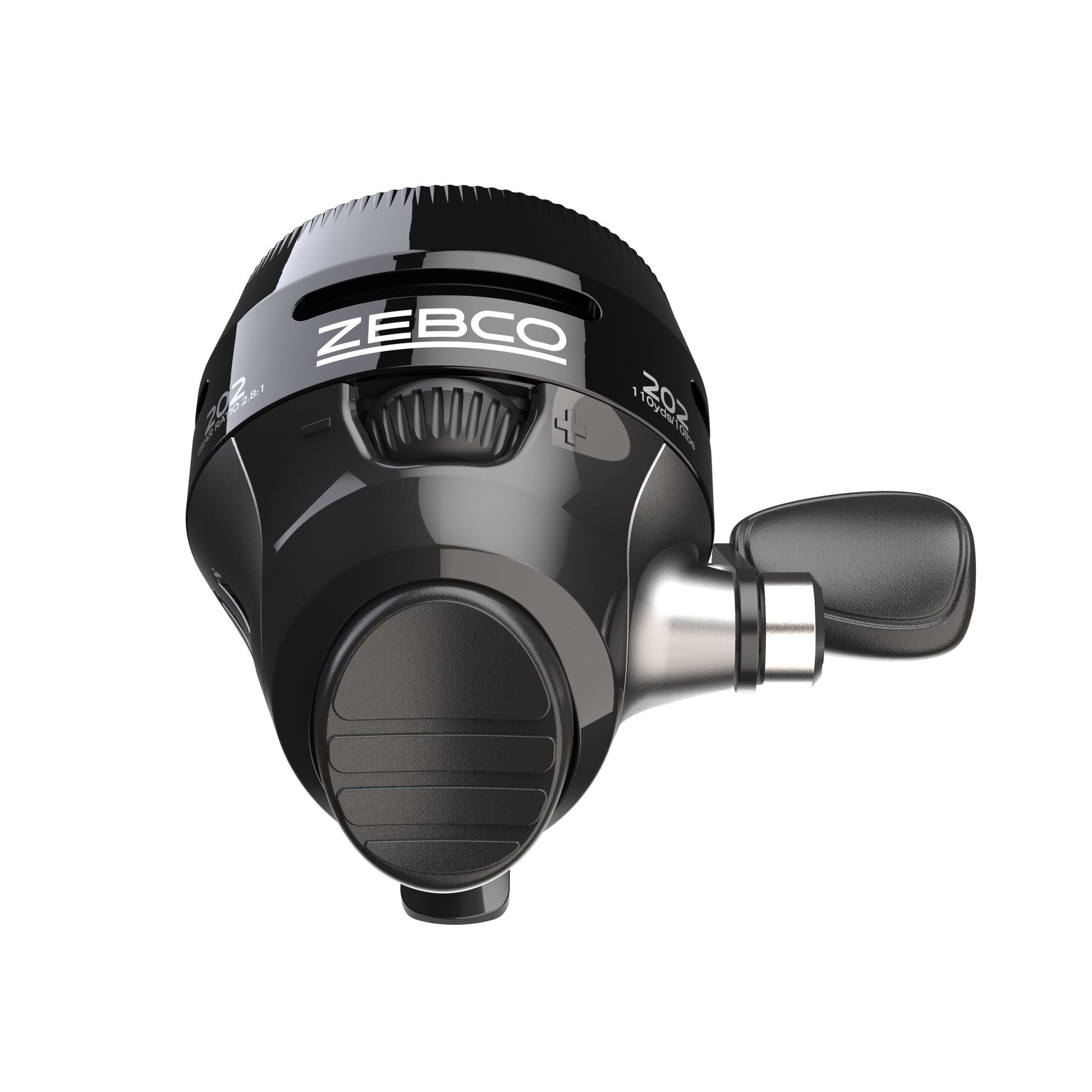 Black Zebco fishing reel on a white background