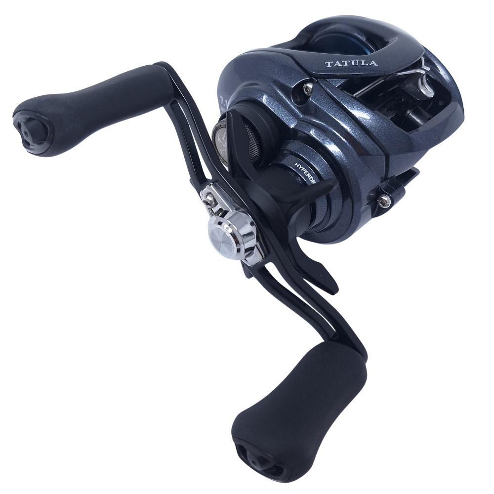 Fishing reel with 'Tatula' branding on a white background