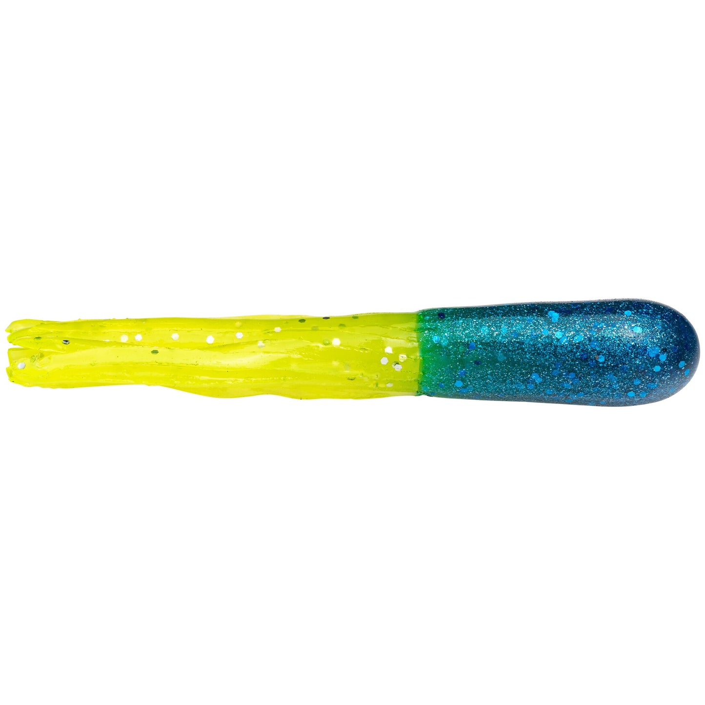 Chartreuse and blue fishing lure on a white background