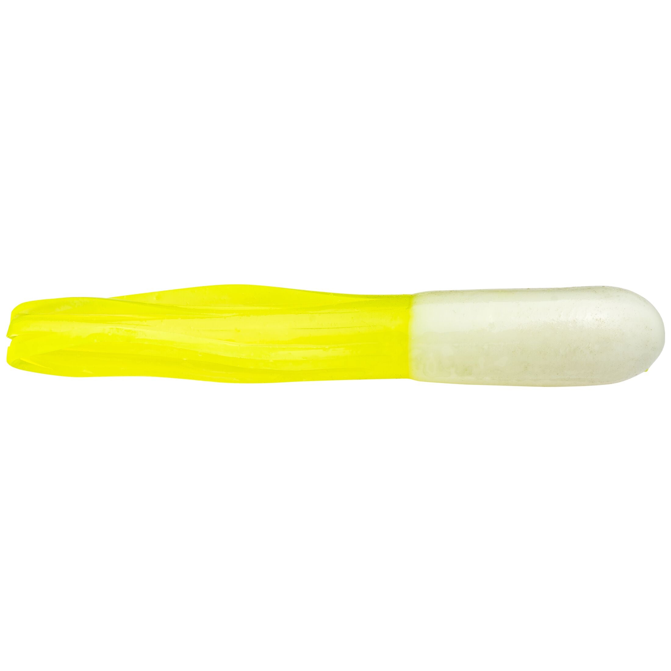 Chartreuse and white fishing lure on a white background