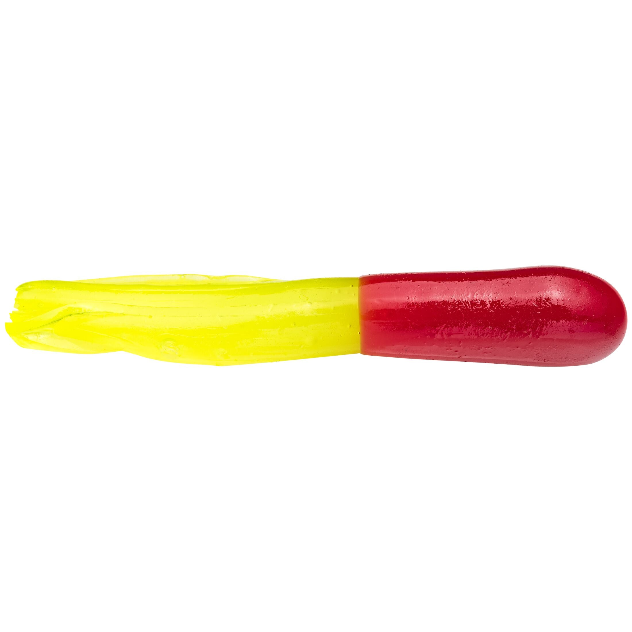 Chartreuse and red fishing lure on a white background