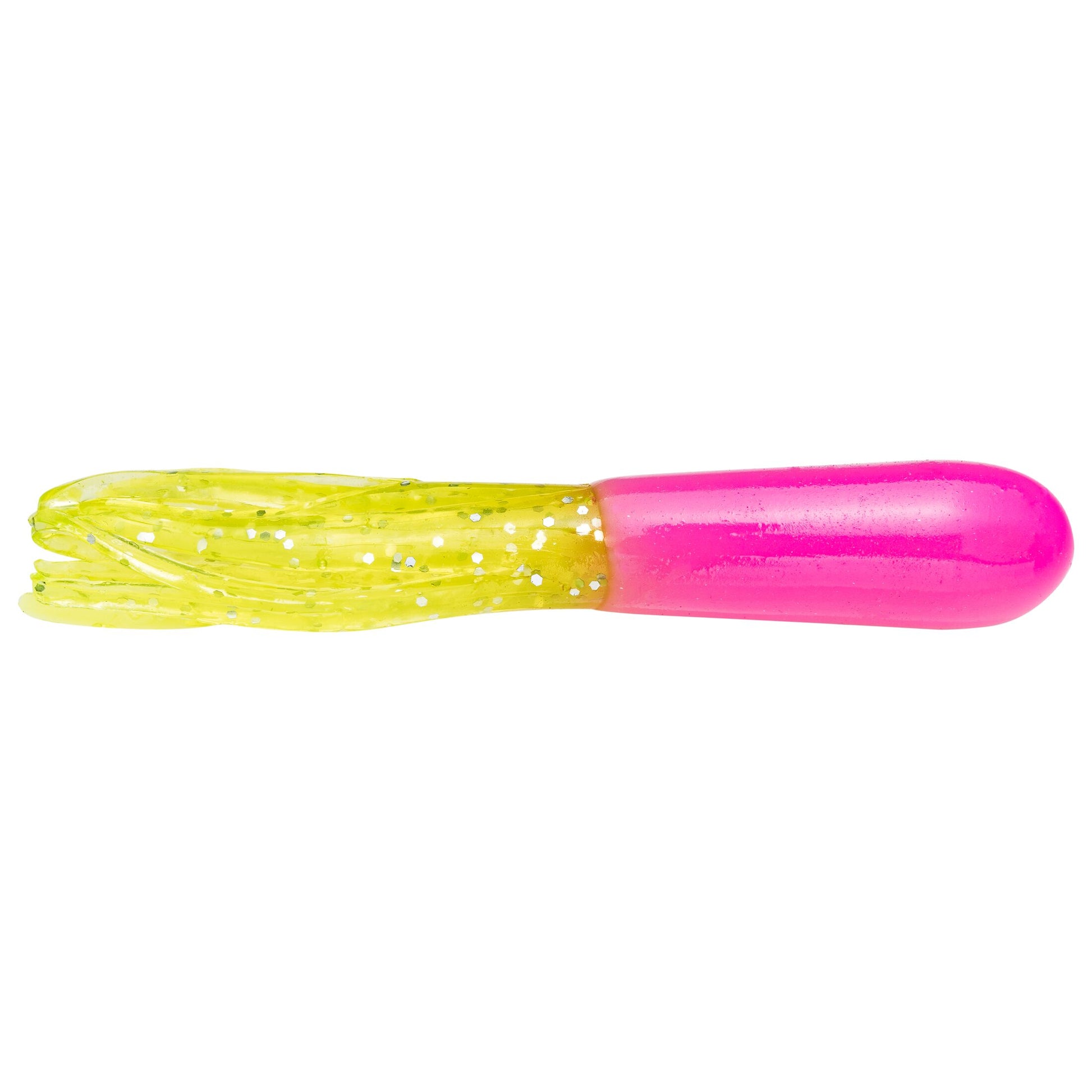 Pink and chartreuse fishing lure on a white background
