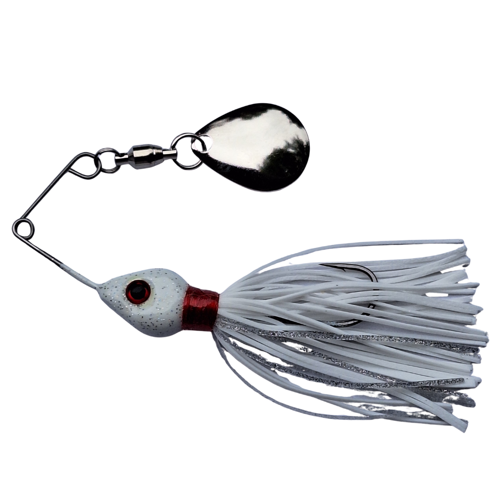 Fishing lure with a silver blade and white skirt on a white background