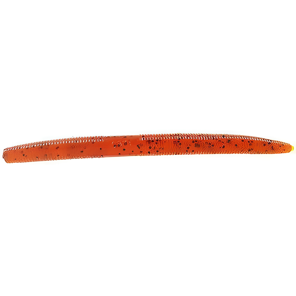Pumpkin fishing lure with black speckles on a white background