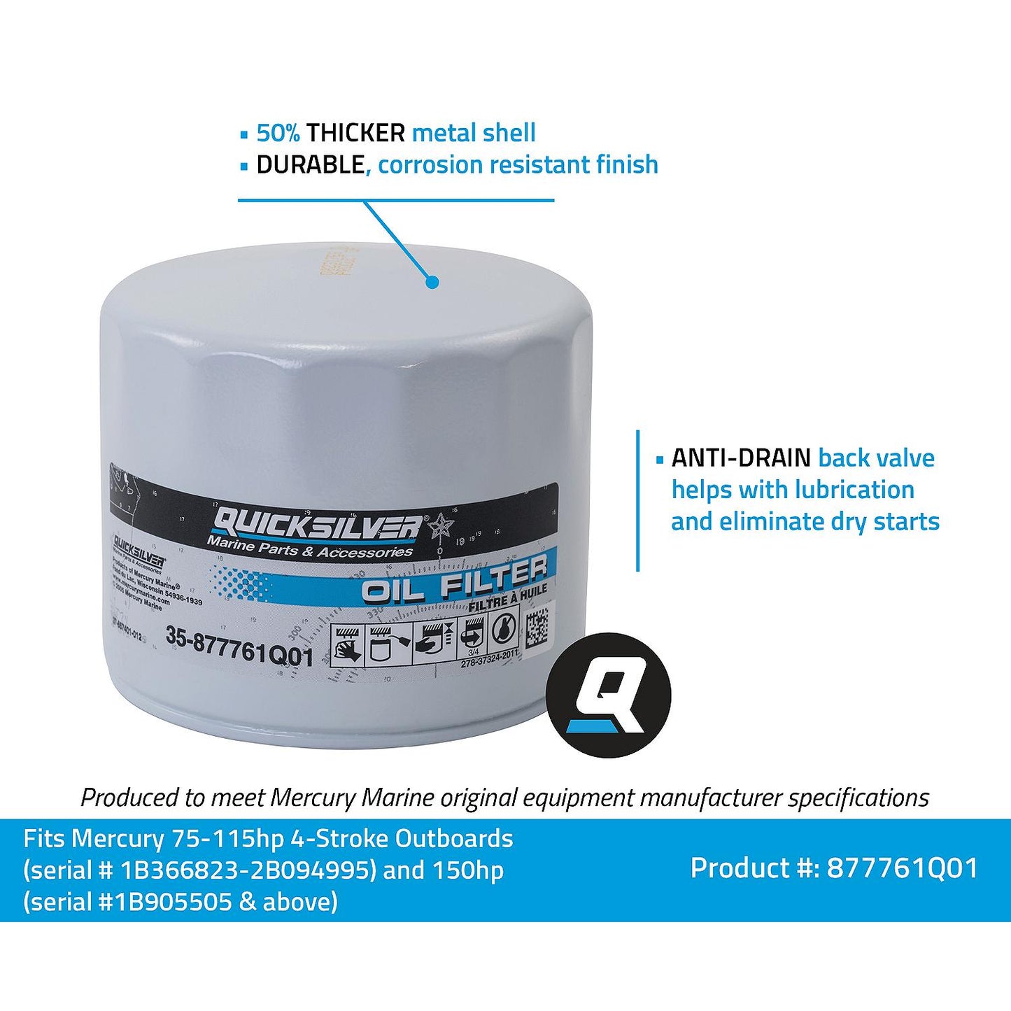 Quicksilver 877761Q01 Oil Filter for Select Mercury and Mariner 75-115 Hp Outboards and 150 Hp EFI 4-Stroke Outboards